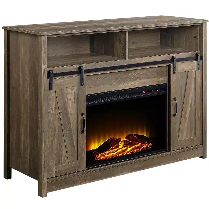 Rustic Oak Finish Fireplace with Shelf Storage