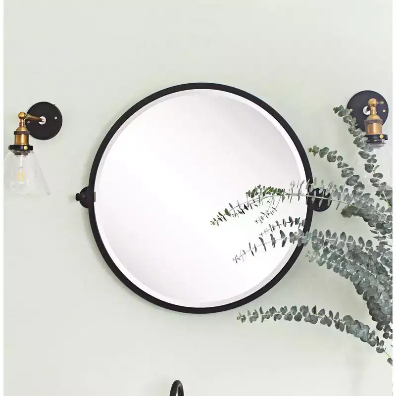 Circle Matt Black Metal Frame Round Tilting Beveled Vanity Mirror for Wall, Overall 30.05 x 26 inches (Mirror 26 x 26 inches)