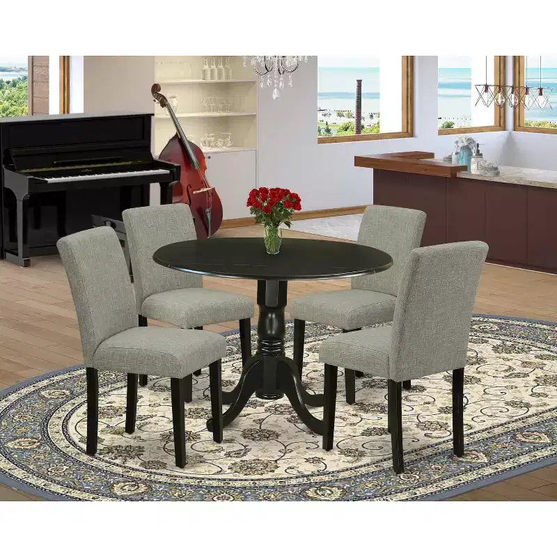 HomeStock Belmont 5Pc Round 42 Kitchen Table With Two 9-Inch Drop Leaves And Four Parson Chair With Black Leg And Linen Fabric Shitake
