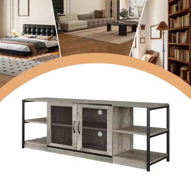 Industrial Entermainment Center with Storage Cabinet & 2 Mesh Doors,2 Tier TV Stand with Wood Rustic TV Console