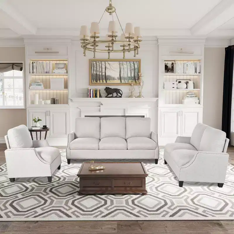 GDFStudio Cordoba Modern 3 Piece Upholstered Sofa Set with Nailhead Trim