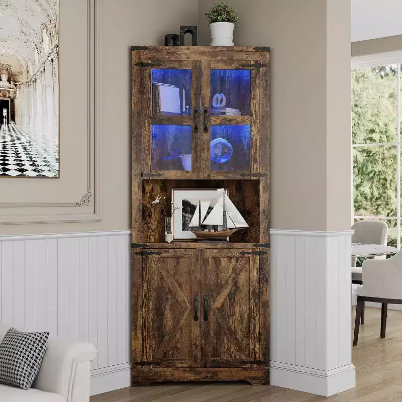 Tall Farmhouse Corner Storage Cabinet with Built-In Lights, Glass Door and Adjustable Shelves, Perfect for Living Room, Kitchen Organization