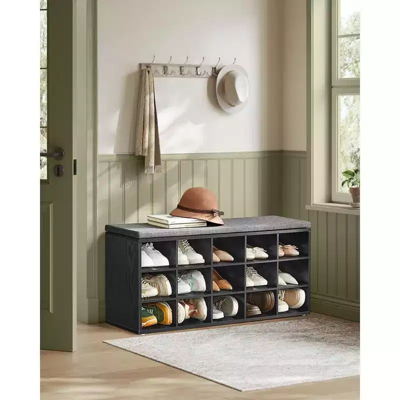 VASAGLE Shoe Rack Bench Storage Bench with Cushion 15 Compartments