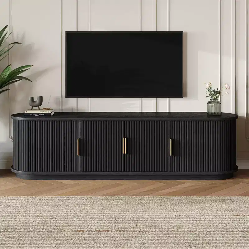 Farmhouse Wooden TV Stand with Sliding Tambour Door and Adjustable Storage