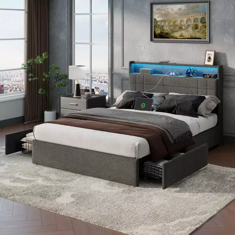 Full Size Upholstered Platform Bed – 4 Storage Drawers, LED Lights & Charging Station, Gray