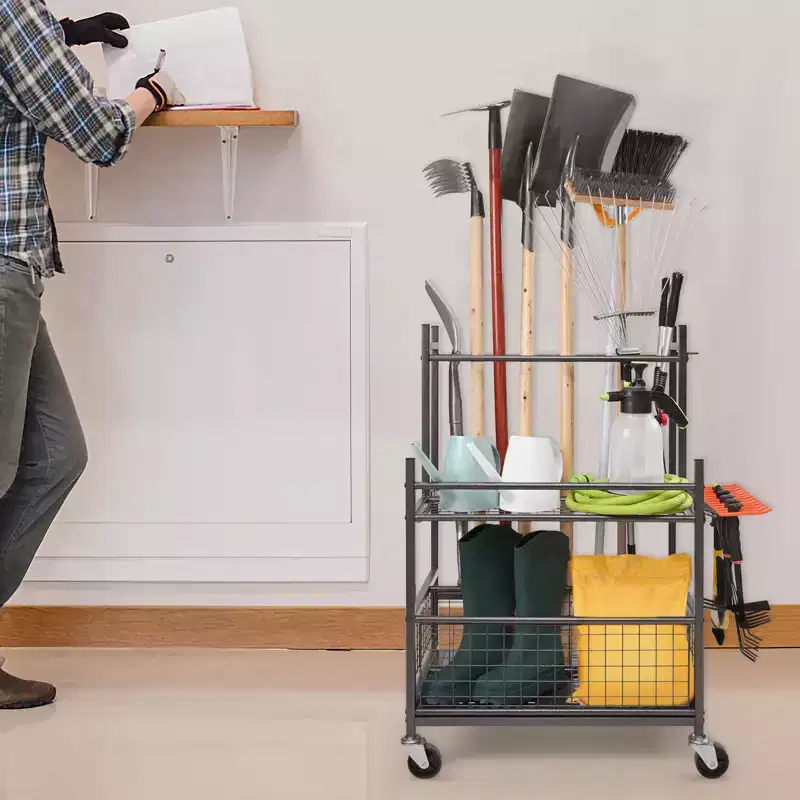 Garden Tool Organizer, 16 Slots with Hooks, Yard Tool Tower Rack with Wheels for Garage Organization and Storage, Hold Long-Handled Tool/Rake