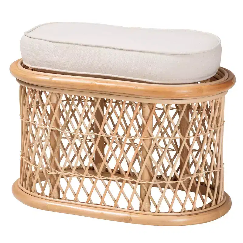 bali & pari Ladonna Natural Rattan Ottoman Footstool Natural: Upholstered Indoor Bench, Oval Shape, No Assembly Required