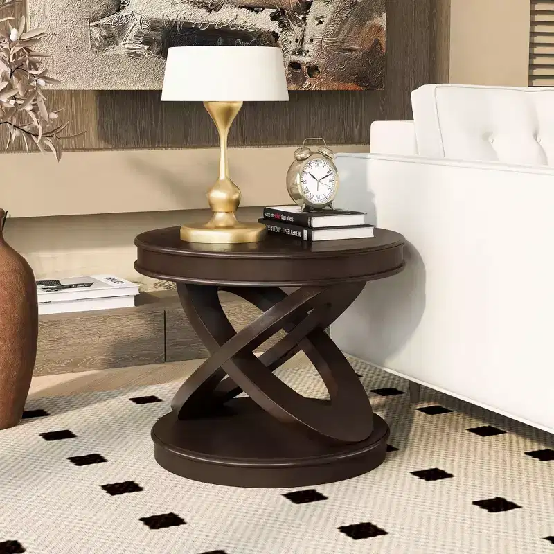 Espresso Brown Round End Table with X-Shape Frame, 1-Piece
