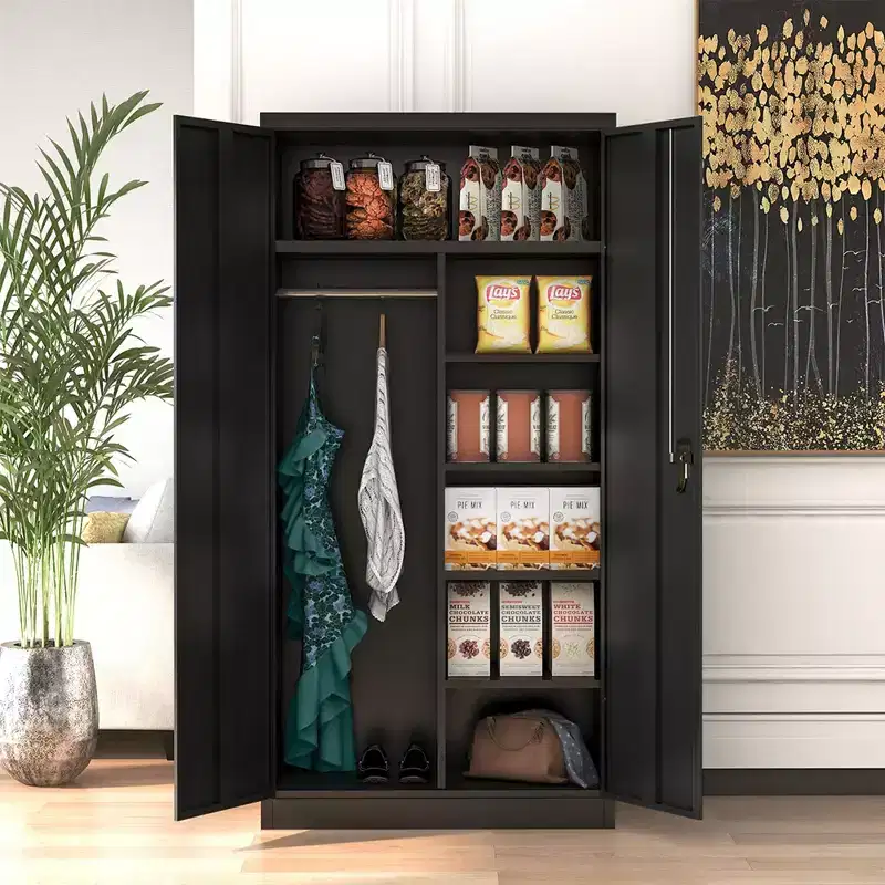 Large Metal Wardrobe Storage Cabinet with 3 Adjustable Shelves, Cloth Rail & Lockable Doors