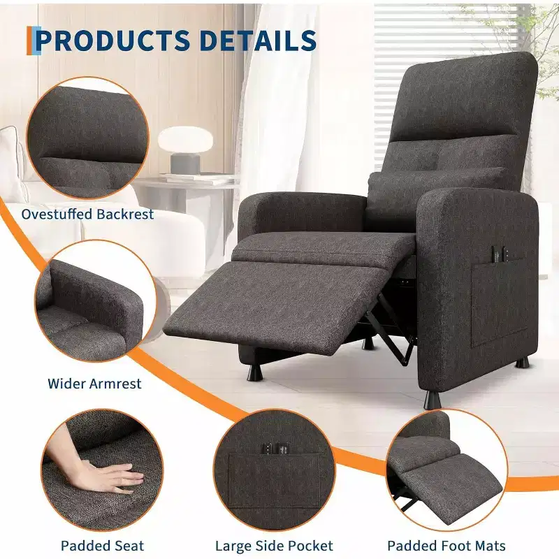 Adjustable Recliner Ergonomic Overstuffed Single Sofa, Adults Home Theater Seating with Side Pockets, Tall Back, Padded Seat, for Living Room