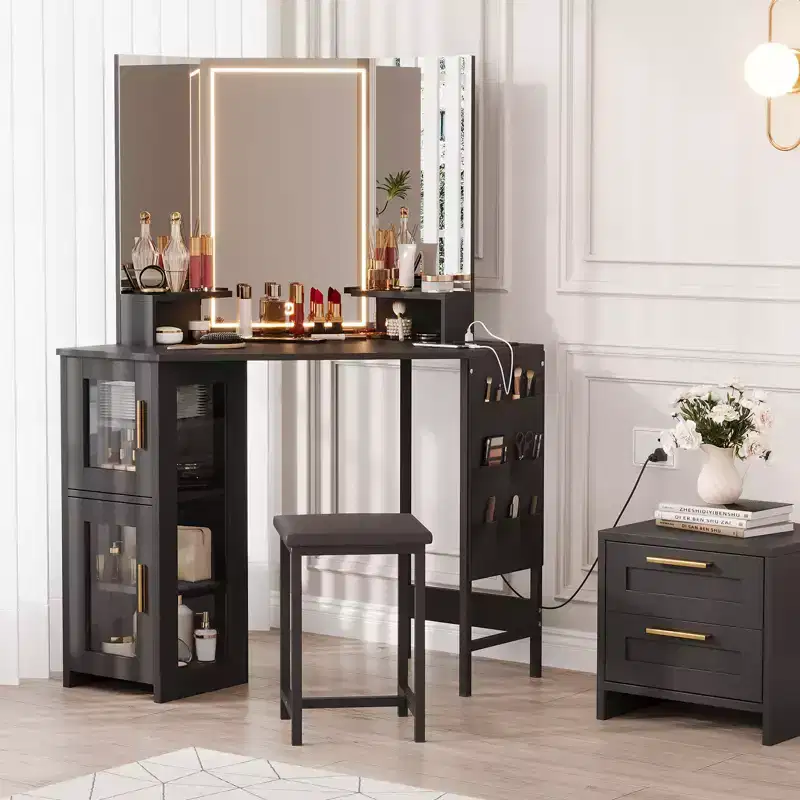 Corner Makeup Vanity Desk with Stool & Mirror, Large Dressing Table with Storage, Makeup Vanity Table Set for Bedroom Small Space