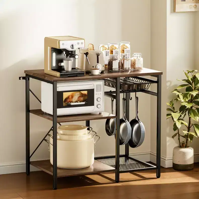 VEVOR Kitchen Bakers Rack, 35.4 in Width Bakers Rack, Kitchen Stand with X-Shaped Support Bar, 5 S-Shaped Hooks,Multi-Layer Storage Shelf, Black&Brown