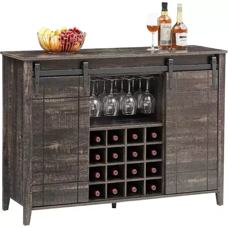 47 Wooden Wine Bar Cabinet with Sliding Door, Modern Liquor Whiskey Coffee Station with Wine Rack&Glass Holder