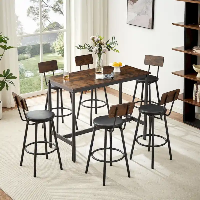 7-Piece Bar Table and Chairs Set with PU Leather Stools