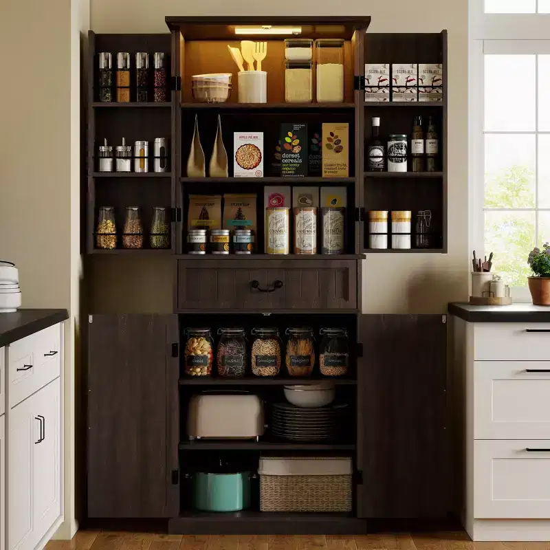 Wood Kitchen Pantry Cabinet with LED Light and Adjustable Shelves 71