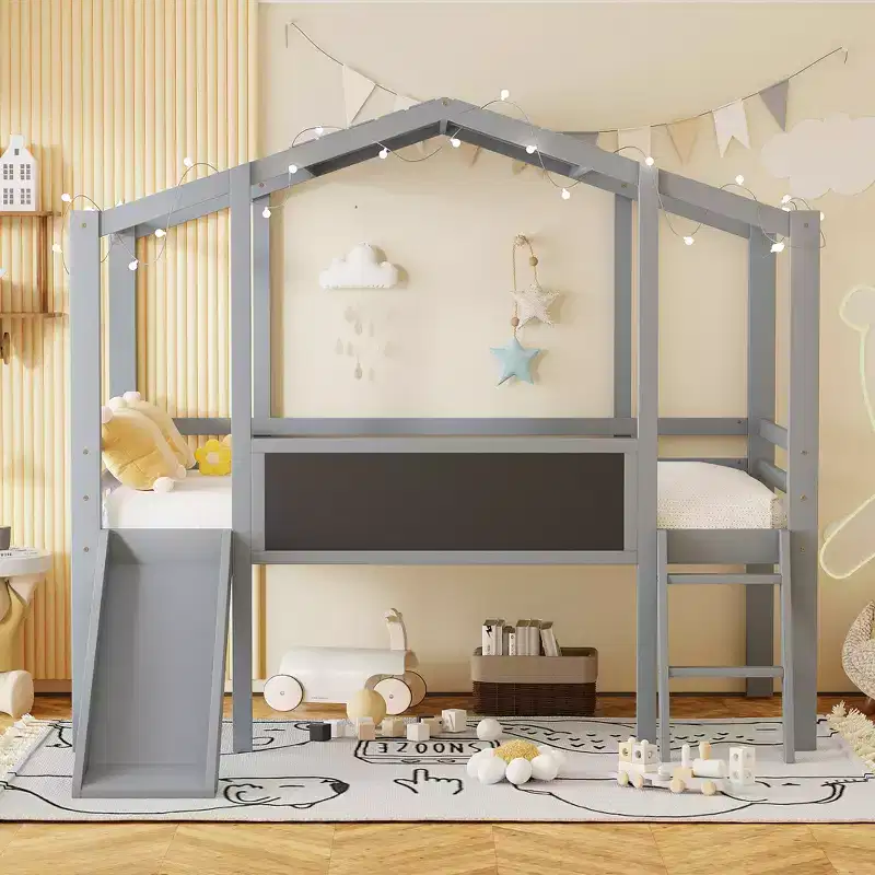 Whisen 78.9L x 72.7W Playhouse Twin Size Loft Bed with Ladder and Slide, with Blackboard and Light Strip on the Roof