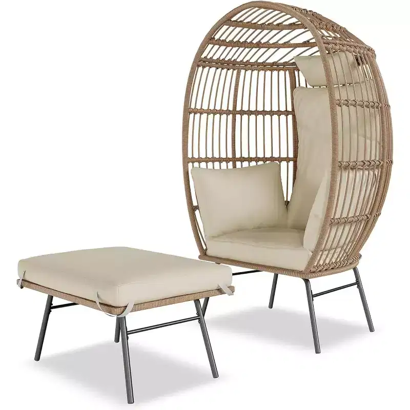 Acekool Oversized Egg Chair with Ottoman, PE Rattan Patio Lounge Chair with Cushions, Indoor Outdoor Seating for Garden & Living Room