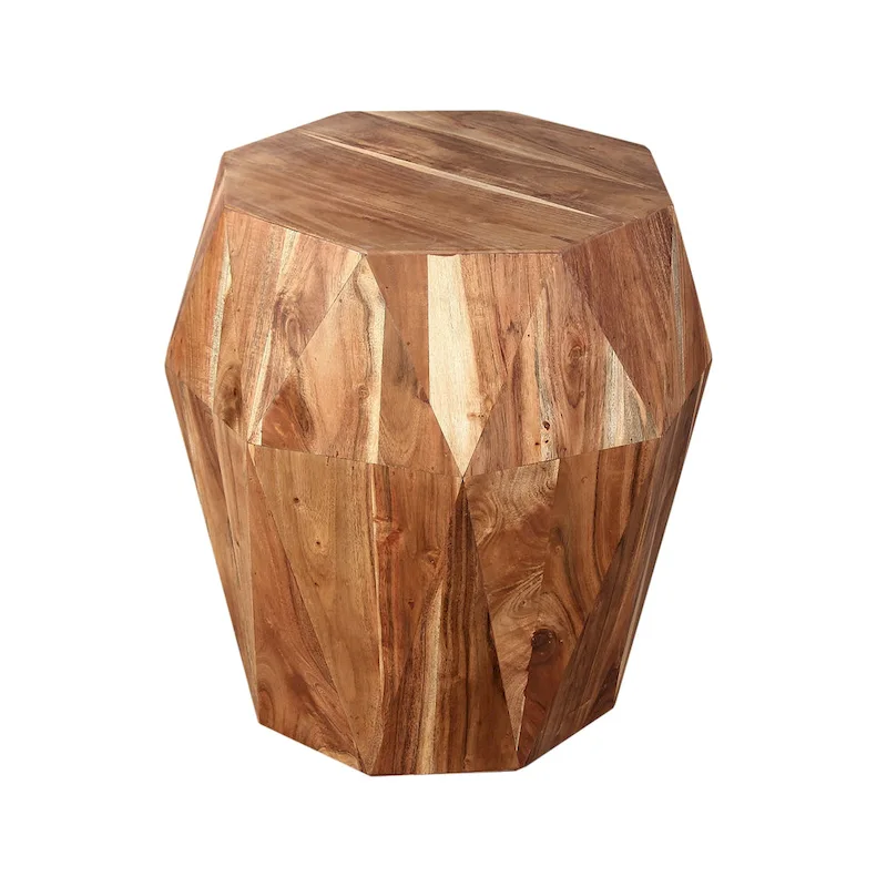 22 Inch Artisanal End Side Table, Multifaceted Solid Acacia Wood, Octagon Top, Natural Brown