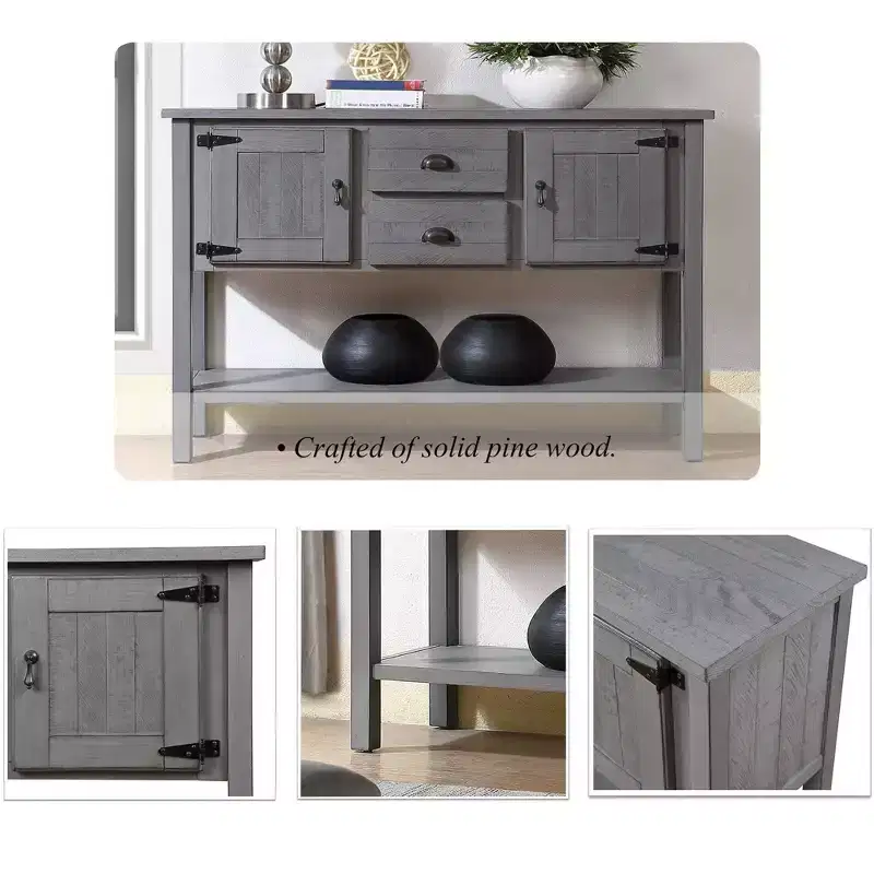 48 Inch Farmhouse Console Table, Farmhouse Entry Table with 2 Drawers and Cabinets, Solid Wood Sofa Table with Shelves for Bedroom,Grey