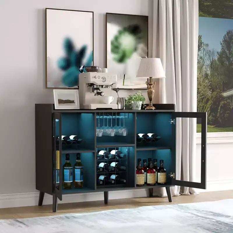 Freestanding Wine Bar Cabinet, 47 Wooden Coffee Bar Cabinet with Wine Rack & Glass Door, Sideboard Buffet Cabinet for Living Room, Kitchen