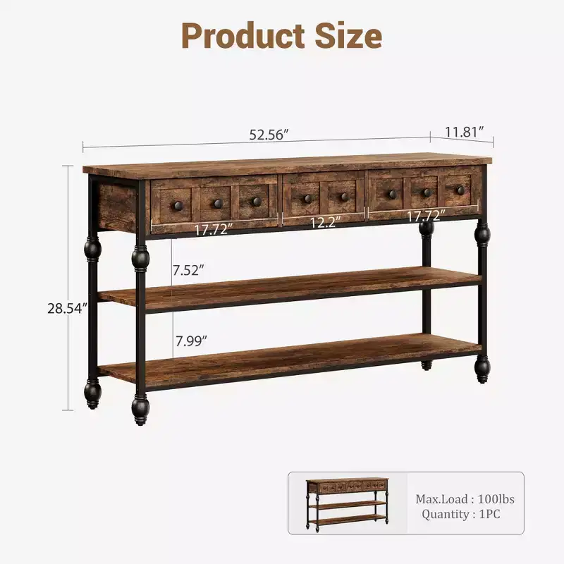 52 Industrial Console Table with 3 Storage Drawers - 3-Tier Metal Sofa Table for Entryway, Living Room, Hallway & Behind Couch