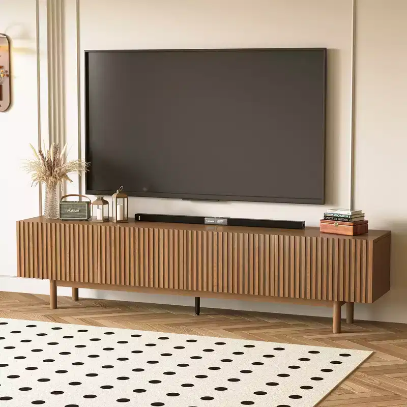Modern Style 86.61 Fluted Media Console TV Stand with Layered Storage, Removable Shelves & Solid Wood Legs