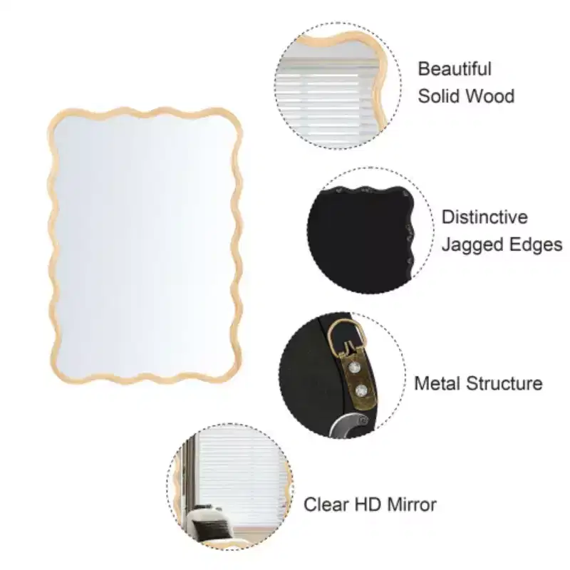 40 x 28Solid Wood Wavy Rectangle Mirror-Natural-Wood for Bathroom, Bedroom, Living Room, Dining Room, Cloakroom, Entryway