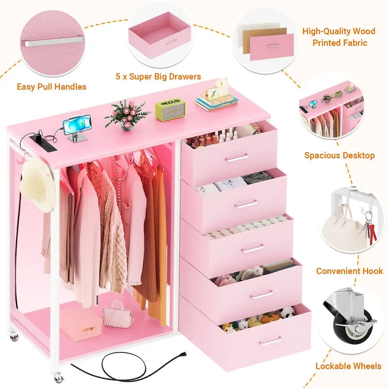 Rollway Dresser with Charge Station and LED Light,Chest With Drawers for Kids Room