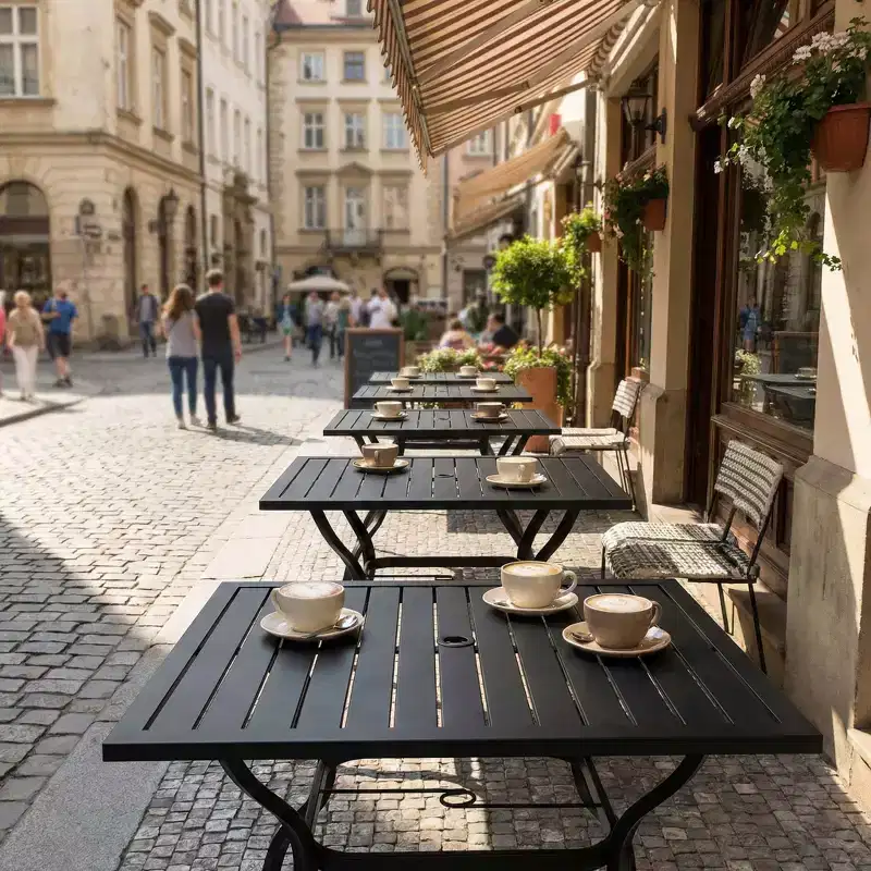 Durable Metal Steel Slat Patio Dining Table  Square Outdoor Bistro Table for Backyard, Garden, and Patio Furniture