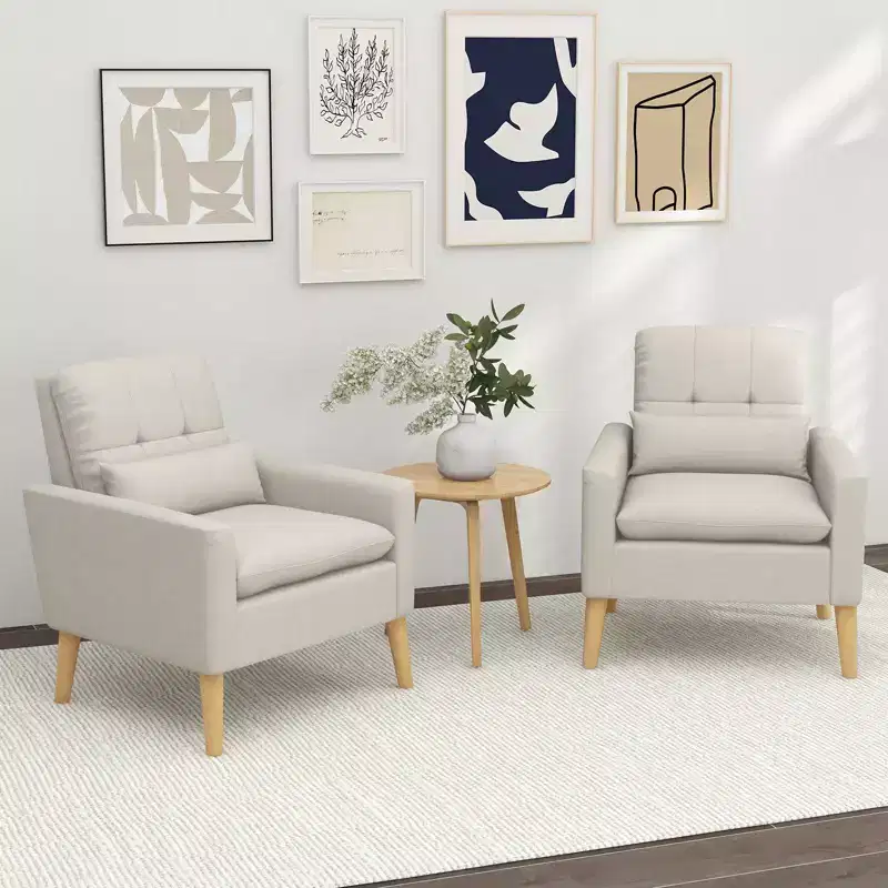 Costway 2PCS Mid-century Accent Chair Linen Fabric Reading Armchair with Lumbar Pillow