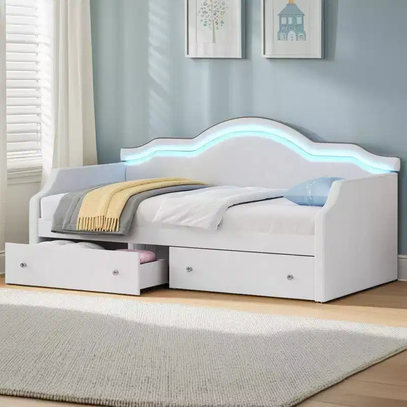 Velvet Twin/Full Daybed with App-Controlled LED Light Strip & 2 Drawers