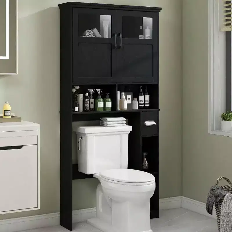 Over Toilet Storage Cabinet with Double Doors Toilet Paper Holder Stand, Freestanding Black Shelf Space Saver with Anti