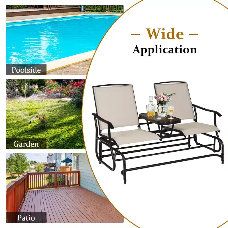 Costway 2 Person Patio Double Glider Steel Frame Loveseat Rocking with Center Table