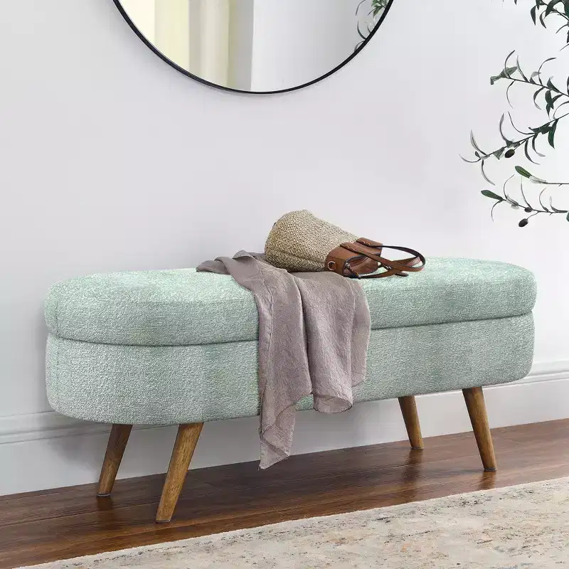 Oval Upholstered Storage Bench with Rubber Wood Legs, Modern Entryway Ottoman for Living Room Hallway Bedroom