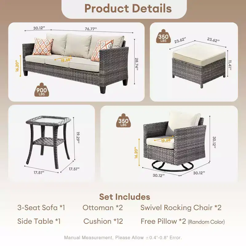 HOMLUX 6-Piece Patio Conversation Set w/ 3-Seater Sofa & Ottomans, Swivel Chairs Set