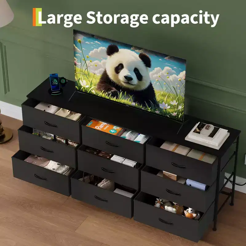 Dresser for Bedroom, Wide 9 Drawer Dresser TV Stand, Metal Frame Closet Storage Chest, Fabric Drawer Storage Cabinet Organizer