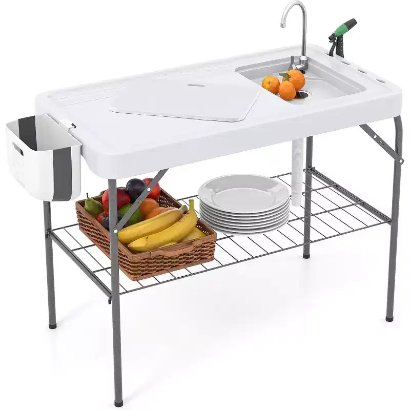 Folding Fish Cleaning Table with Sink, Outdoor Fillet Station Portable Camping Station with Faucet Drainage Hose