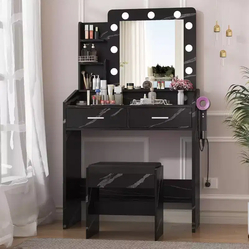Vanity Desk with Mirror and Lights for Bedroom, Marble Black Modern Makeup Table with 2 Drawers
