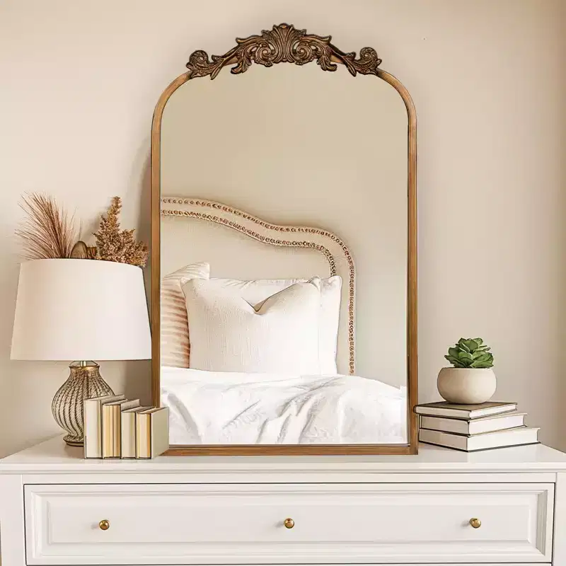 USHOWER 19x31 Gold Anthropologie Vintage Mirror for Wall, Antique Baroque Mirror with Ornate Frame, Gold Arched Brass Design, Bathroom, Fireplace