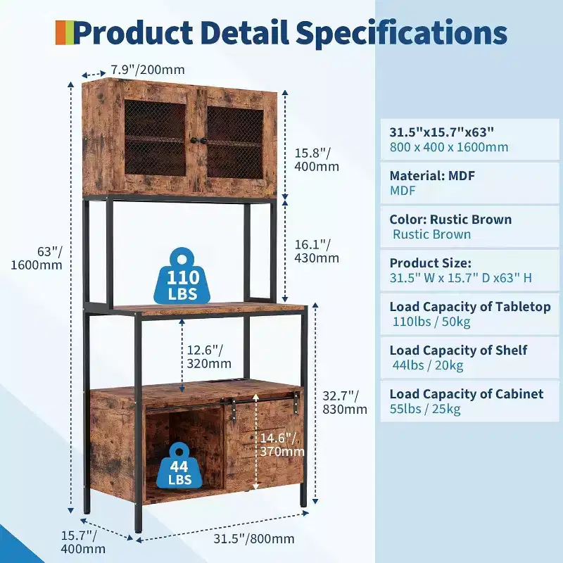 5-Tier Industrial Microwave Stand With Cabinets and Open Shelves, Kitchen Bakers Rack With Power Outlet, Farmhouse Coffee Bar For Dining Room, Brown