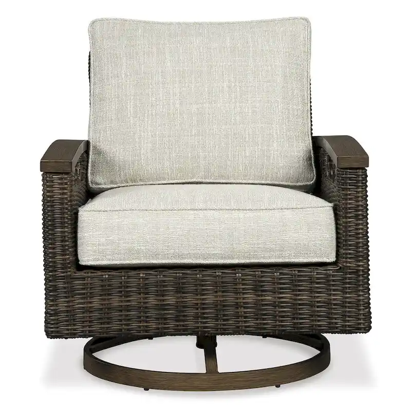 Signature Design by Ashley Paradise Trail Medium Brown/Beige Outdoor Fire Pit Table with 4 Nuvella Swivel Lounge Chairs