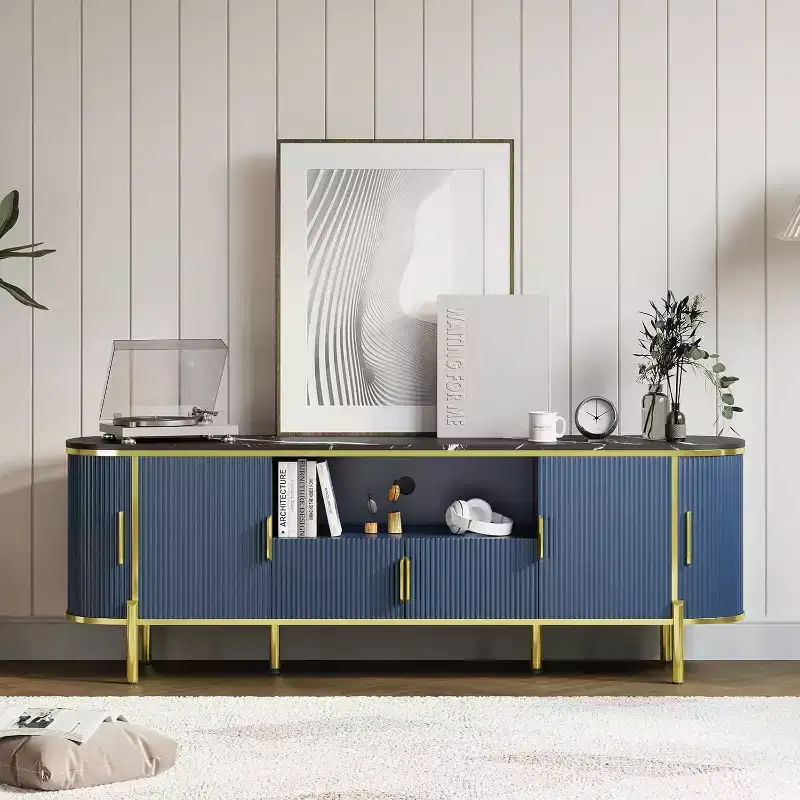 COZONY 70in Fluted TV Stand for TVs up to 80, Faux Marble Top Media Console with Sliding Doors