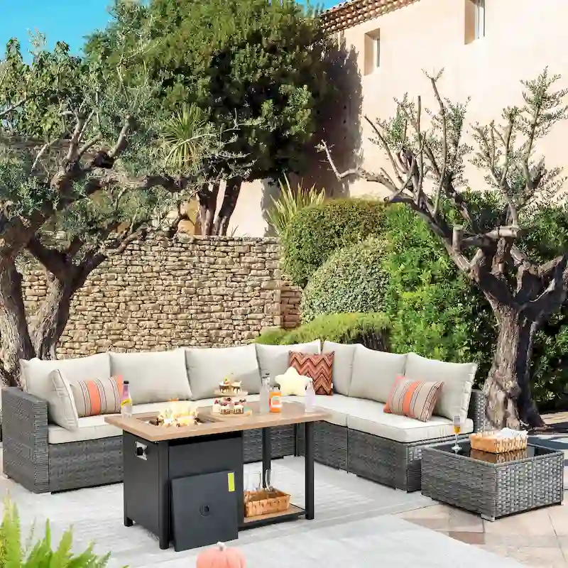 HOOOWOOO 8-piece Wicker Outdoor Patio Furniture Sofa Set Fire Pit Set