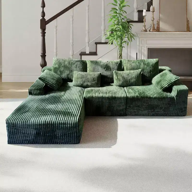 MooxvMoo 107.5 L Shaped Boneless Couch with Chaise & Throw Pillow, Plush Corduroy Modular Sectional Sofa for Living Room, Green