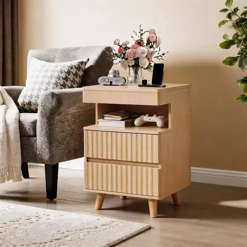 Modern Wooden Bedside Table with 2 Drawers, Open Shelf and Charging Station