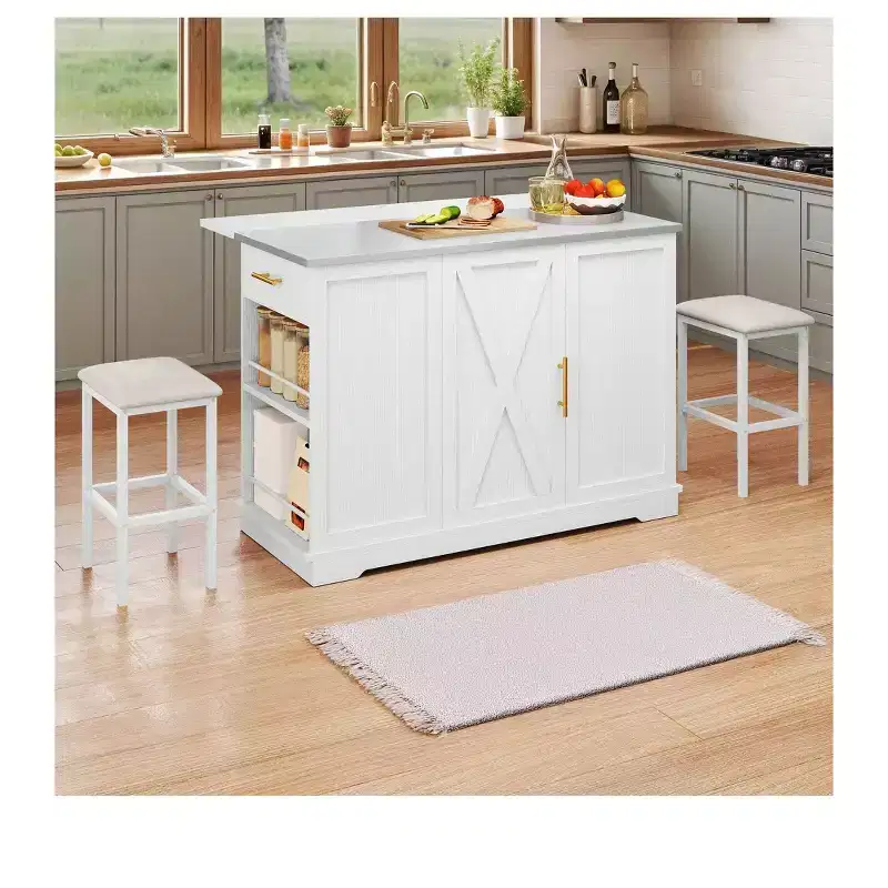 Rolling Kitchen Islands with Seating Trash Can Cabinet Drop Leaf Dining Table with 2 Stools, Rolling Dining Table with Power Outlet, Spice Rack