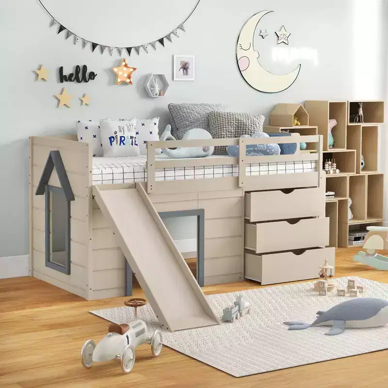 Costway Twin Low Loft bed with Slide Ladder Storage Drawers Play Game Space Wooden