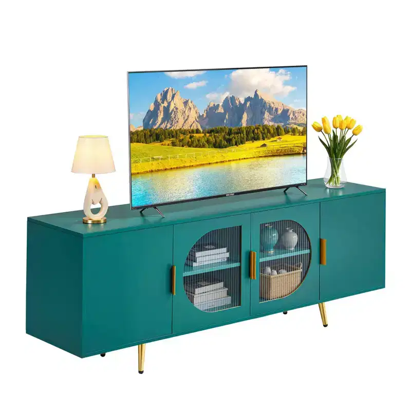 TV Stand for TVs up to 75 in Modern Entertainment Center with Glass Doors, Adjustable Shelves and Gold Legs