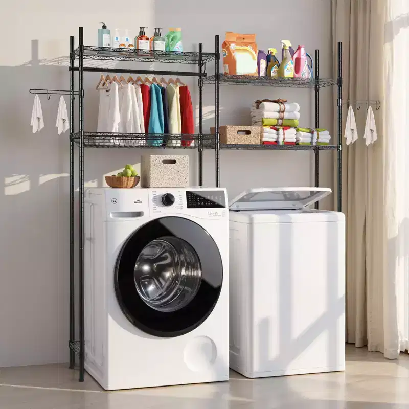 VEVOR Over Washer and Dryer Storage Shelves, 4 Tiers Laundry Room Drying Rack with Hanger Rod and Hooks, Two Rows Washer Shelves Space Saver, Black