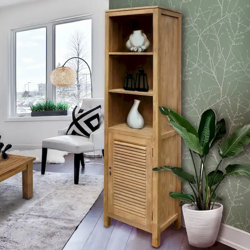 Tan Louvered Cabinet, 3 Open Shelves + Louvered Door, 1-Person Assembly